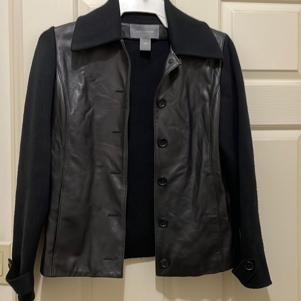 Ann Taylor black leather sweater jacket (sz xs)